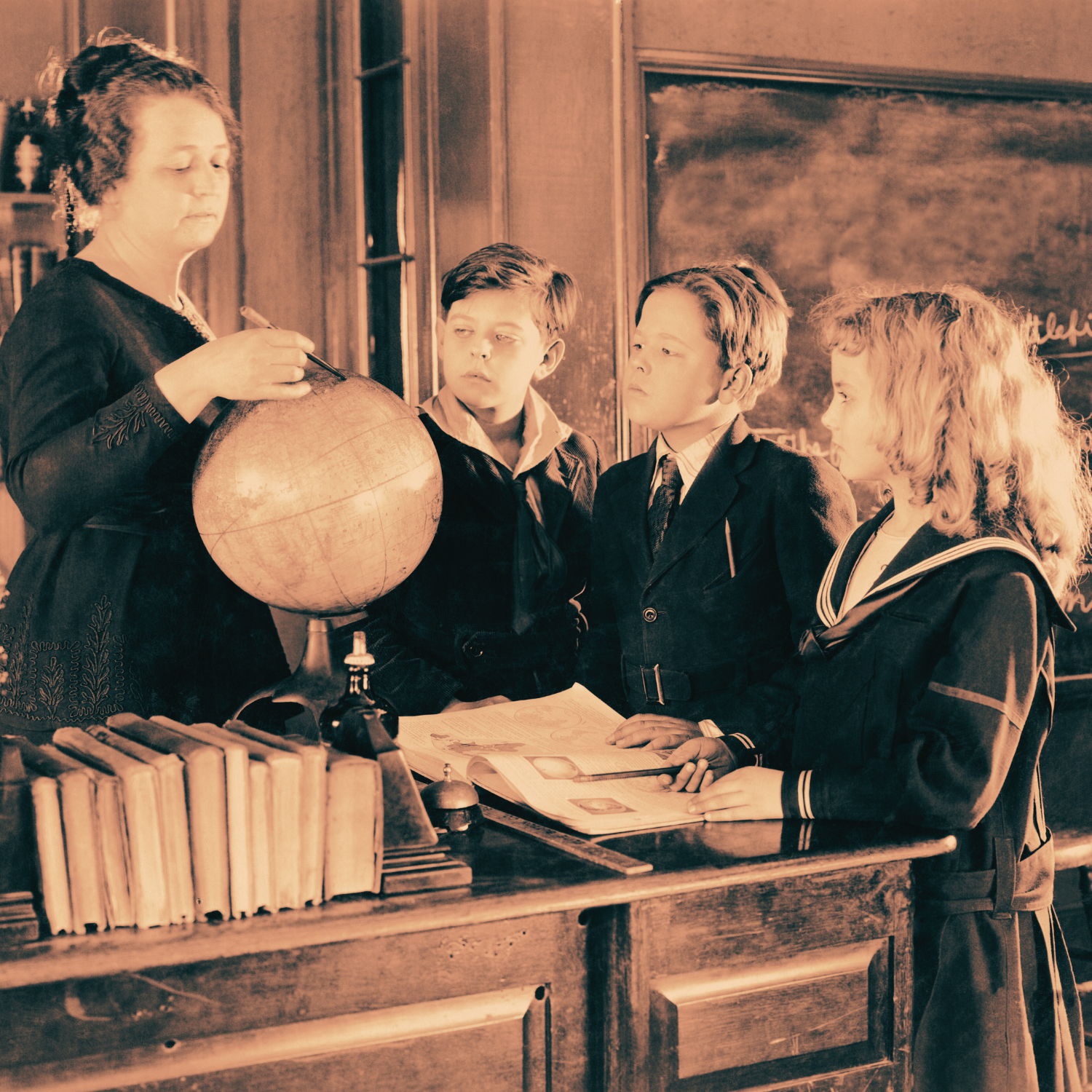 Vintage classroom with teacher and students